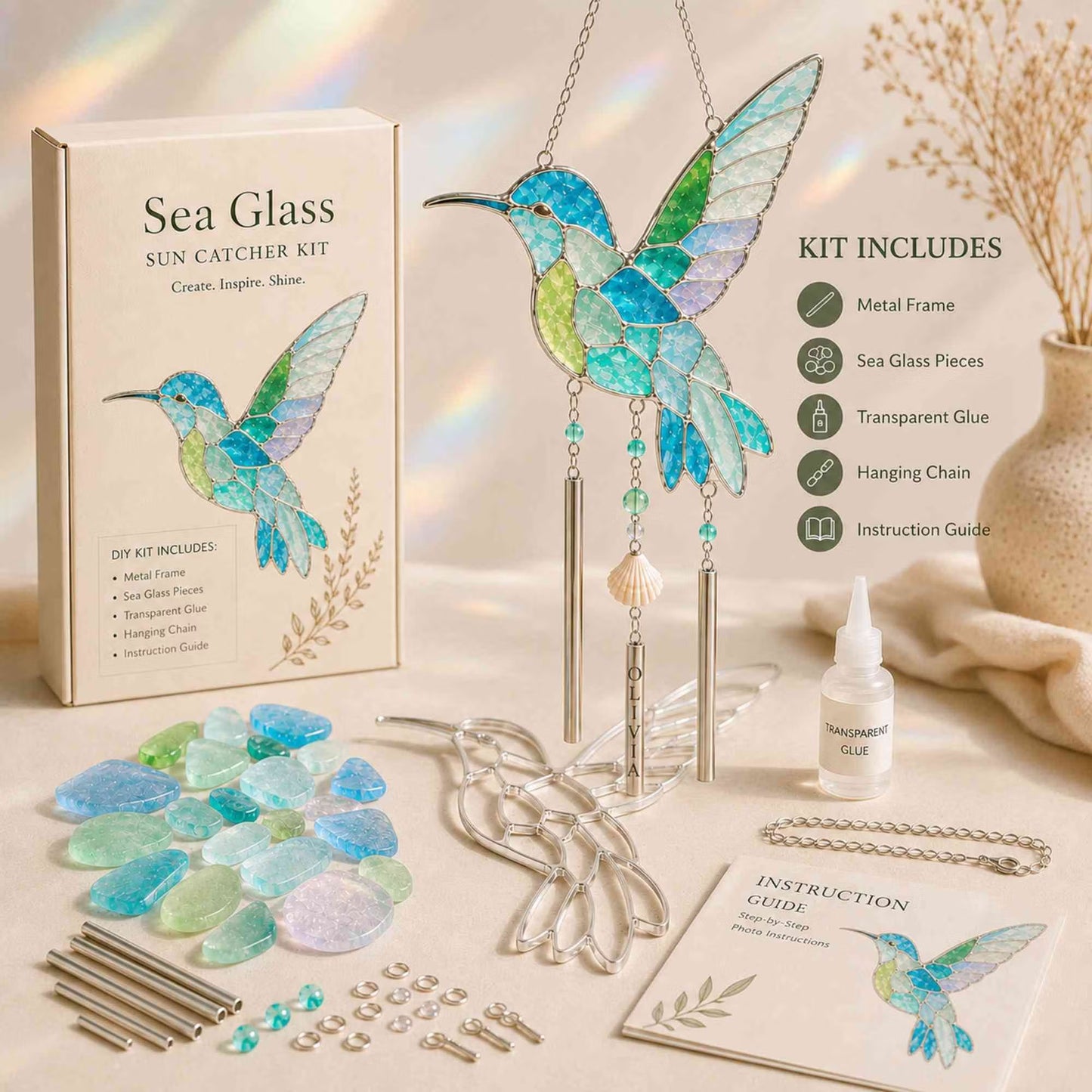 š„Holiday Sale Now Open | 50% DiscountšPersonalized Coastal Glow Sea Glass Suncatcher Wind Chime Kit Collection with Text, Home Decor, Birthday Gift for Ocean Lovers