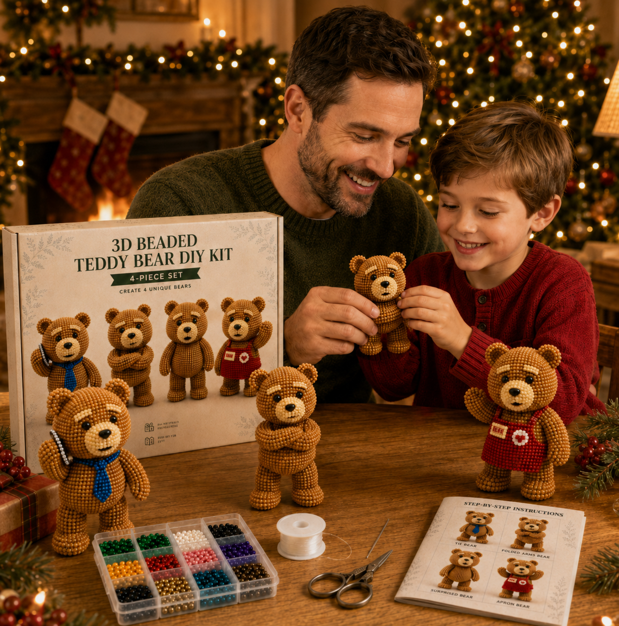 3D Beaded Teddy Bear DIY Kit – 4-Piece Handmade Craft Set