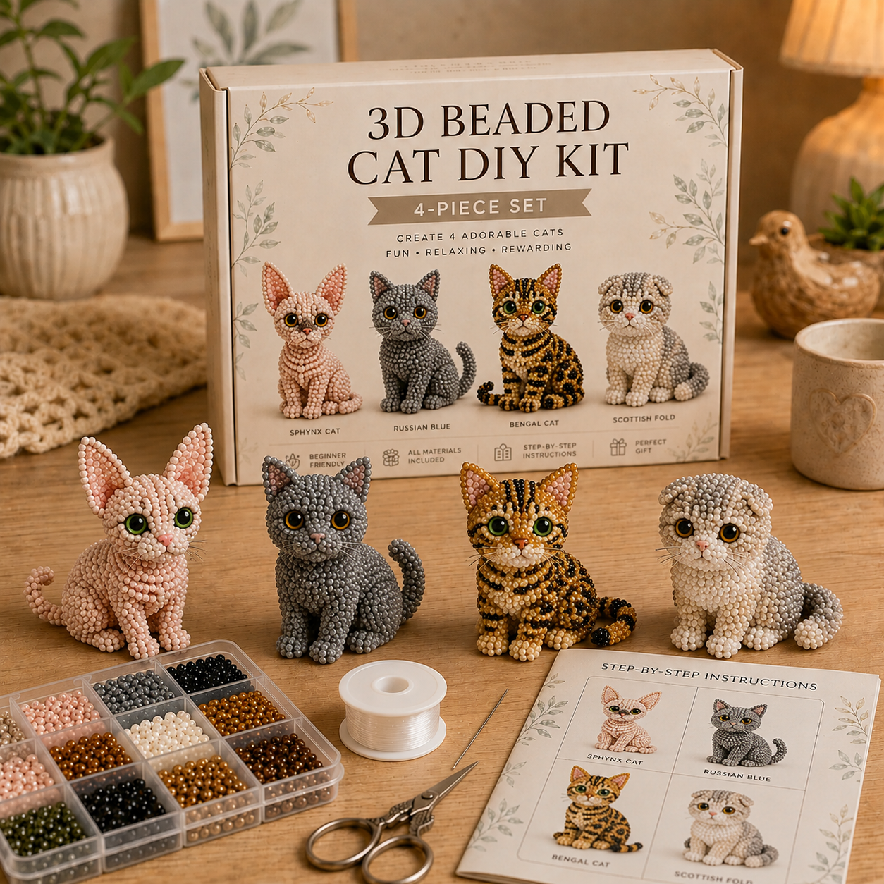3D Beaded Cat DIY Kit – Adorable 4-Piece Cat Craft Set
