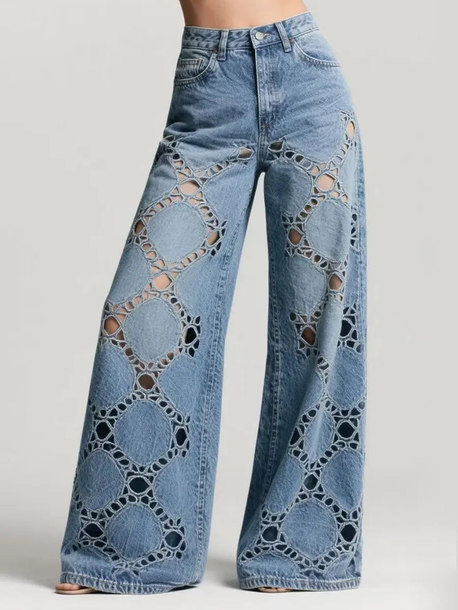 Women's Vintage Art Print Casual Cotton Denim Jeans