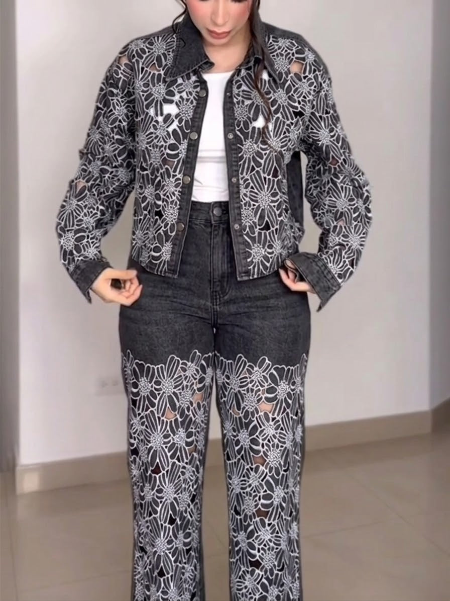 Casual Patchwork Embroidered Denim Shirt And Jeans Two-piece Set