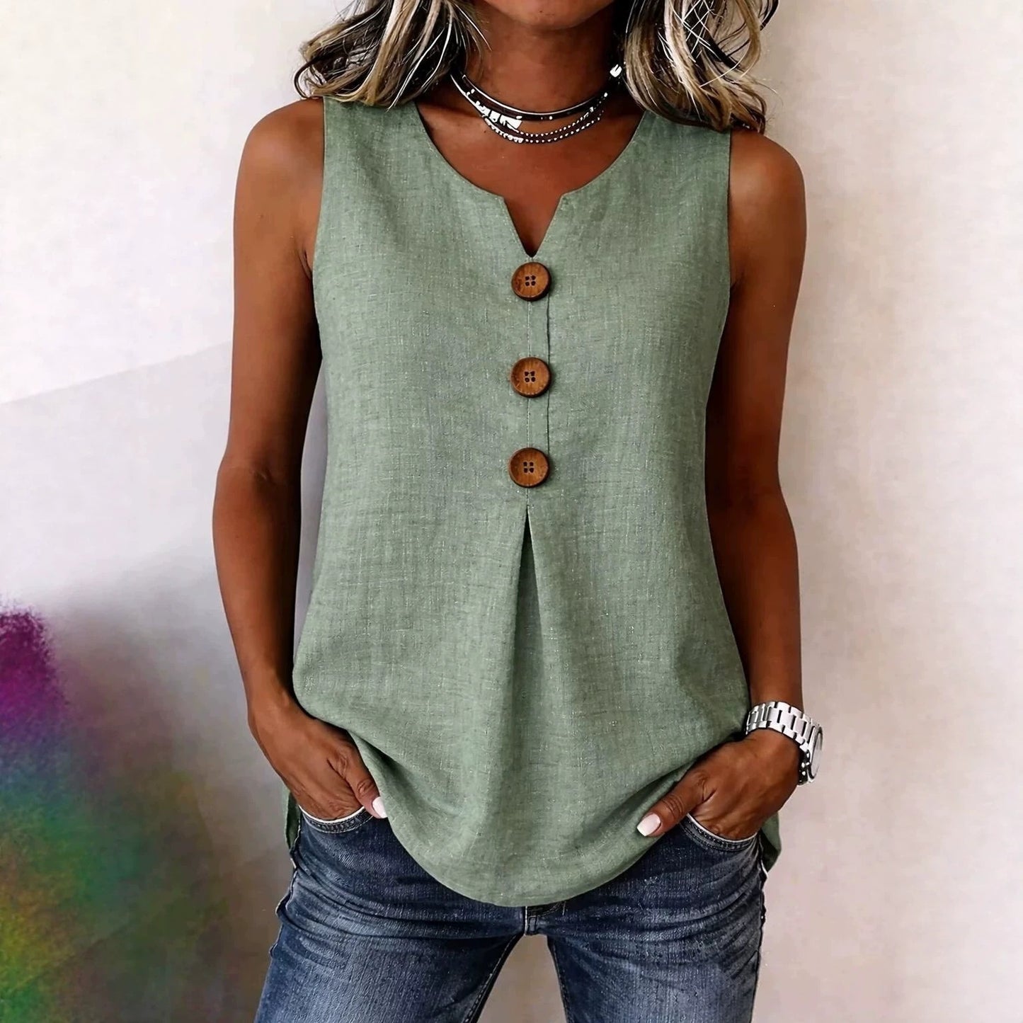 Women's Summer V-Neck Sleeveless Cotton-Linen Button-Down Top