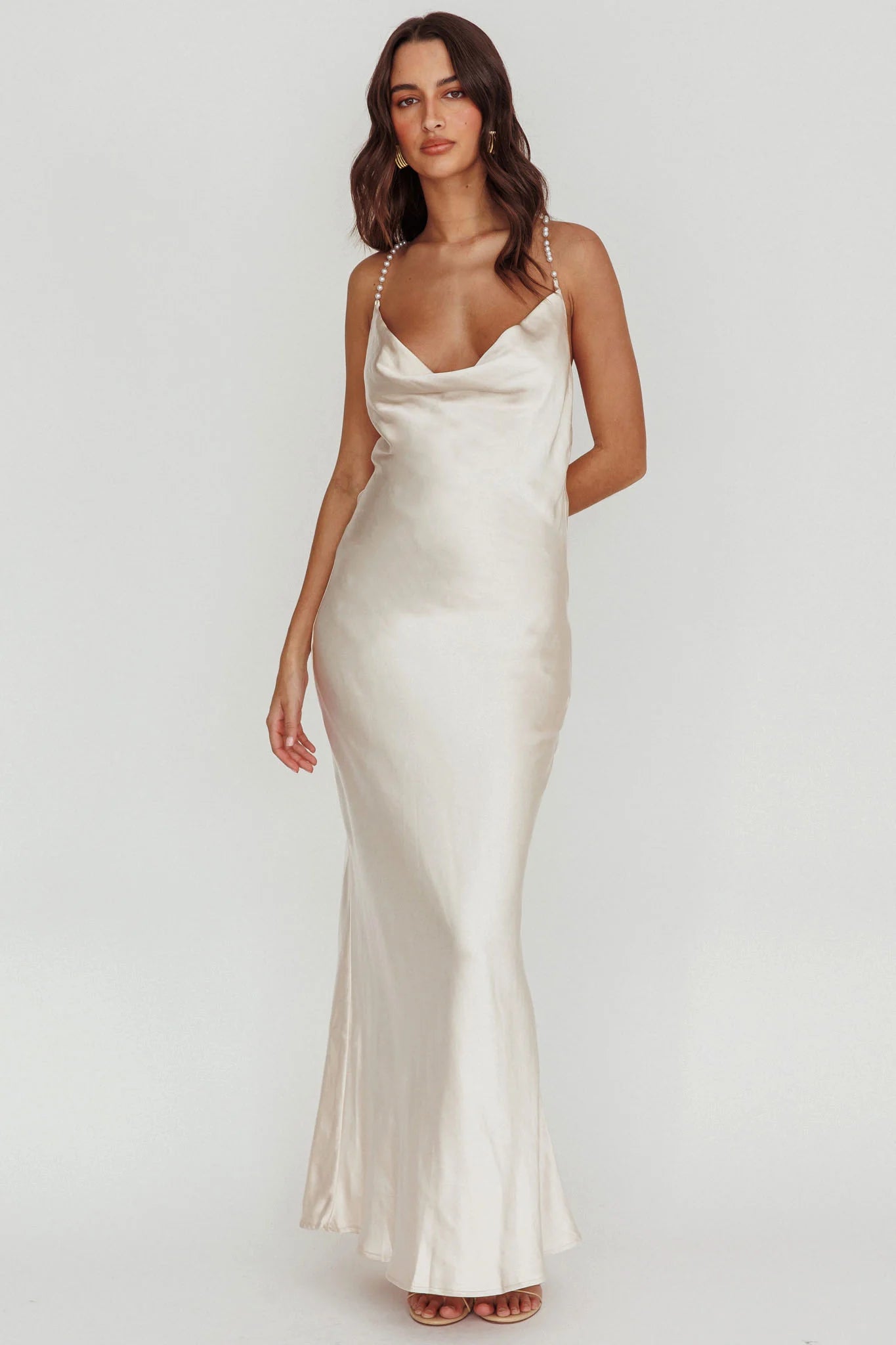 Danijela Cowl Neck Pearl Satin Maxi Dress Champagne