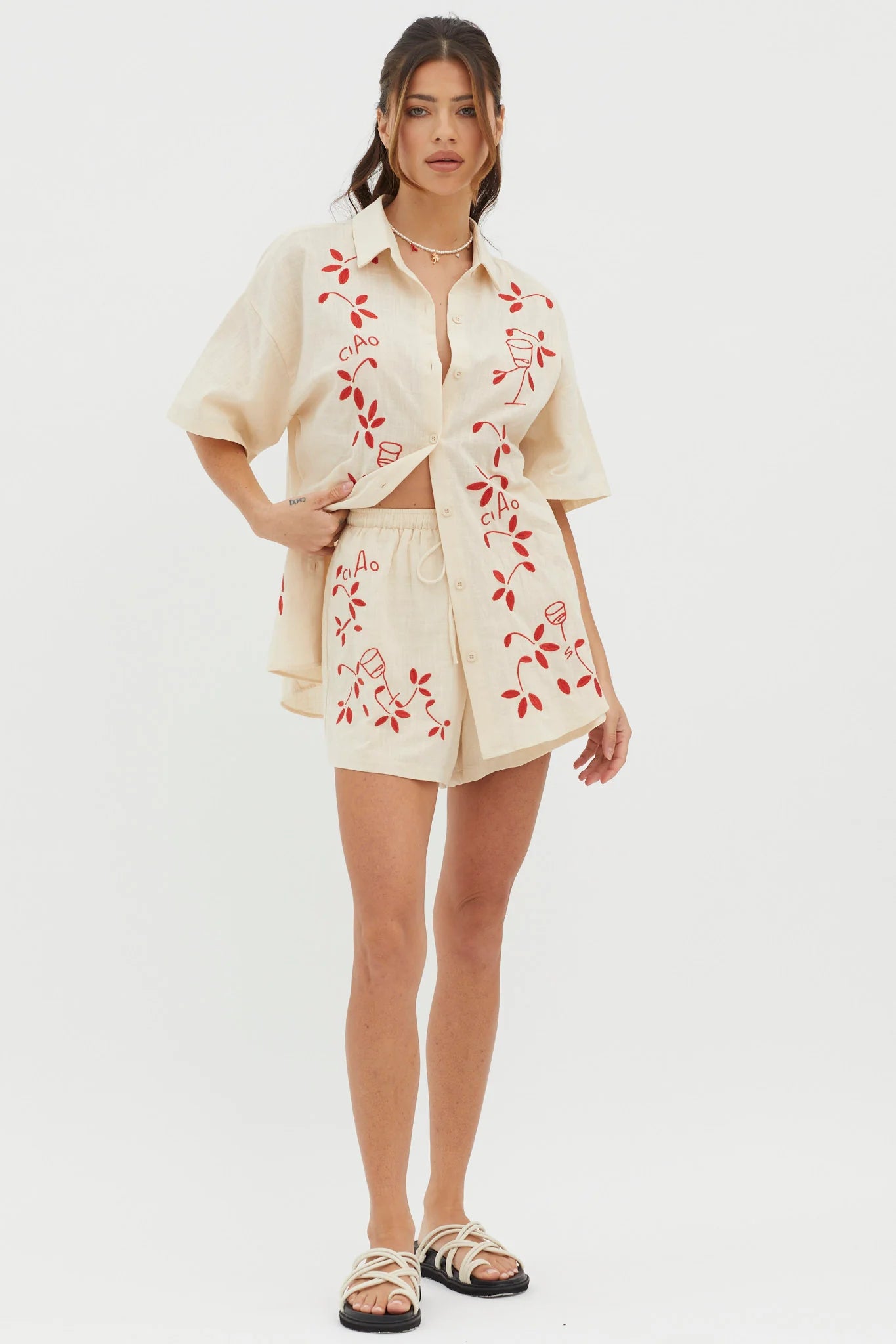 Ciao Ciao Embroidered Drawstring Shorts Oat
