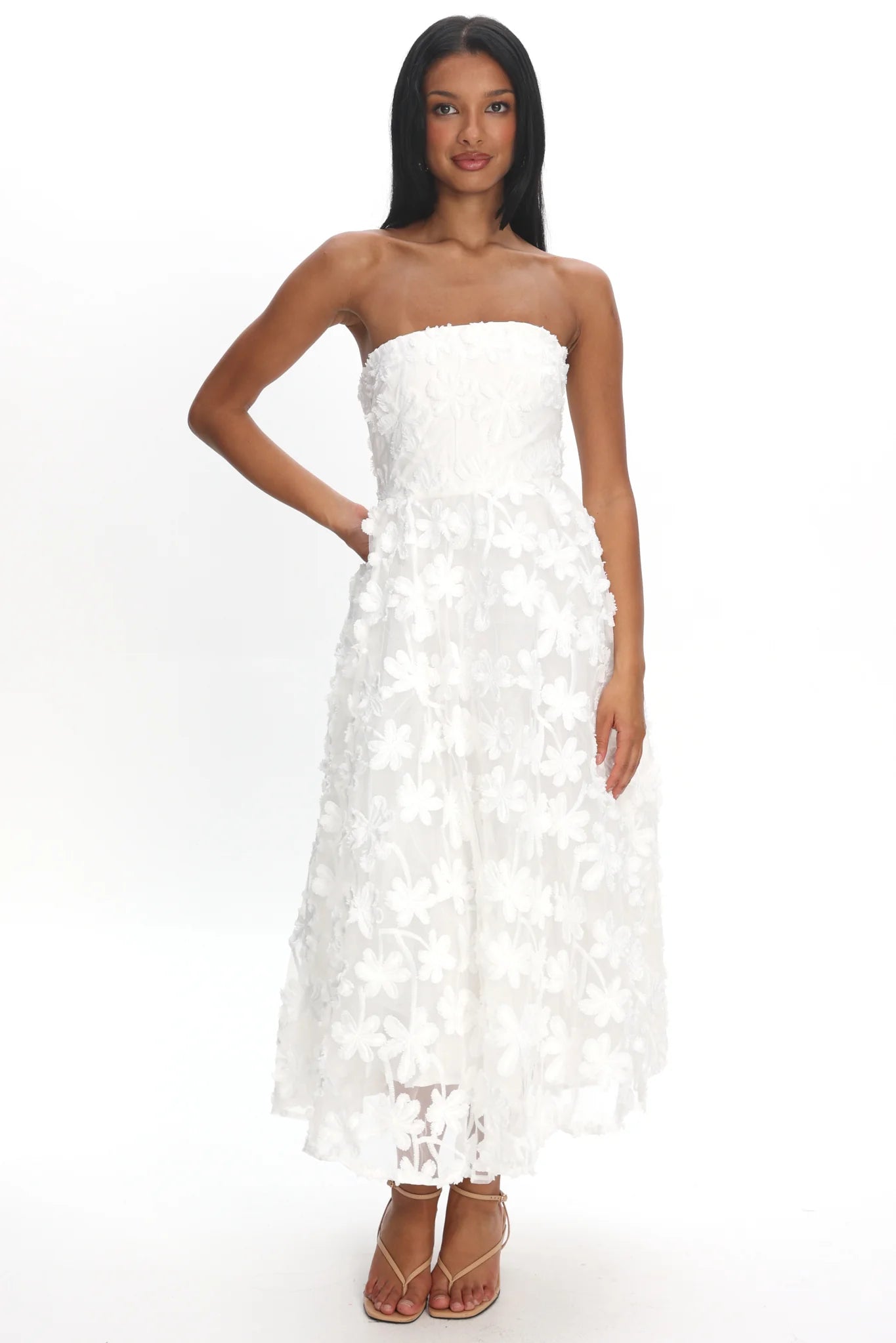 Dori Floral Embellished Midi Dress White