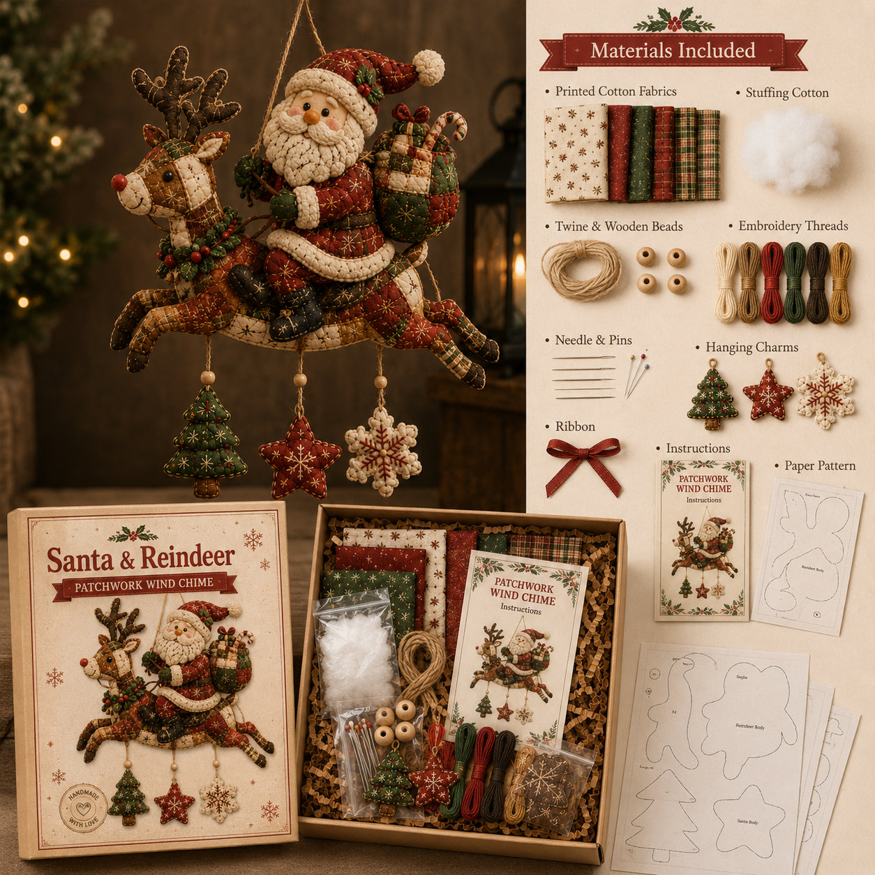 ๐ DIY Santa & Reindeer 3D Patchwork Wind Chime Kit