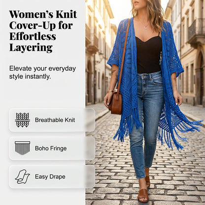 Women's Open-Front Knit Cover-Up with Tassel Fringe – Bohemian & Lightweight – Beach Essential