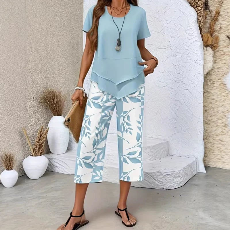 🌸Summer Hot Sale 55% OFF💖Casual Round Neck Layered Tunic Top & Wide Leg Pants Set👚👖