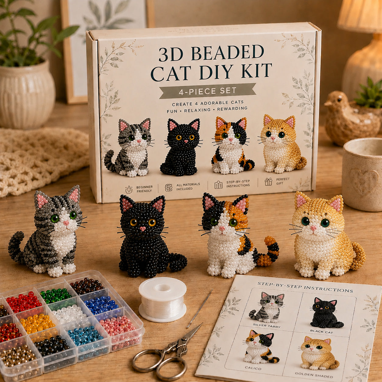 3D Beaded Cat DIY Kit – Adorable 4-Piece Cat Craft Set