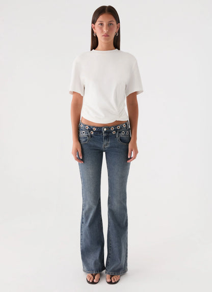 Carson Low Rise Eyelet Jeans - Blue Wash