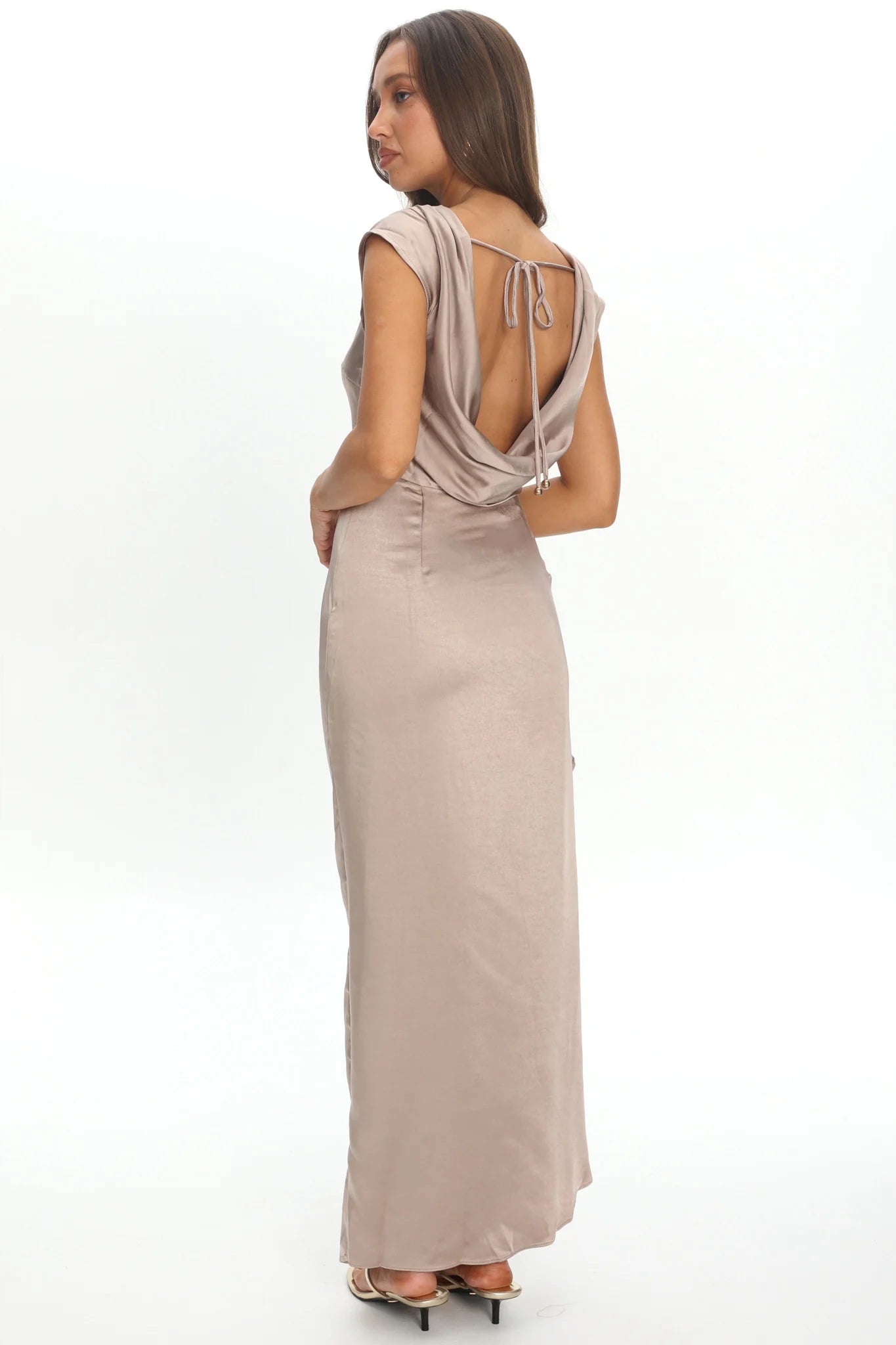 Grecian Cap Sleeve Cowl Back Dress Mocha