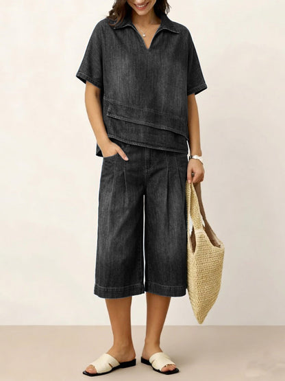 Women's V-neck Short-sleeved Casual Loose Denim Top And High-waisted Wide-leg Jeans Set