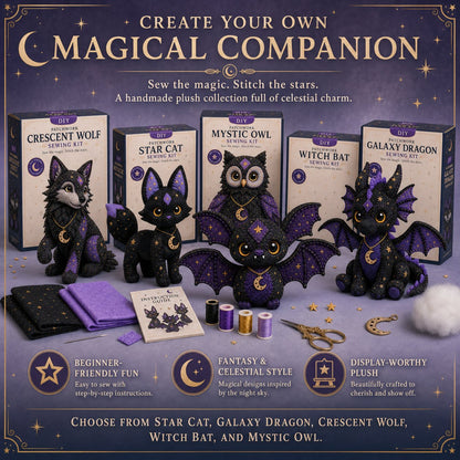 🐱Mystic Patchwork Animal Sewing Kit – DIY Plush Craft Kit with Starry Fabric, Moon Charm