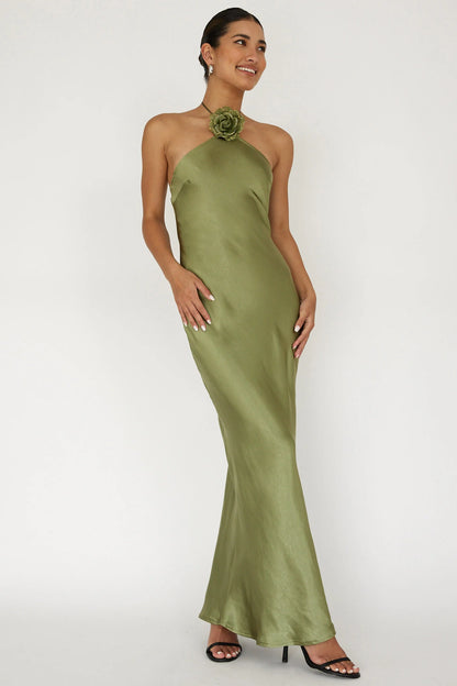 High Roller Flower Decoration Halter Dress Olive