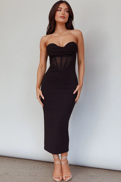 First Date Sweetheart Neckline Midi Dress Black