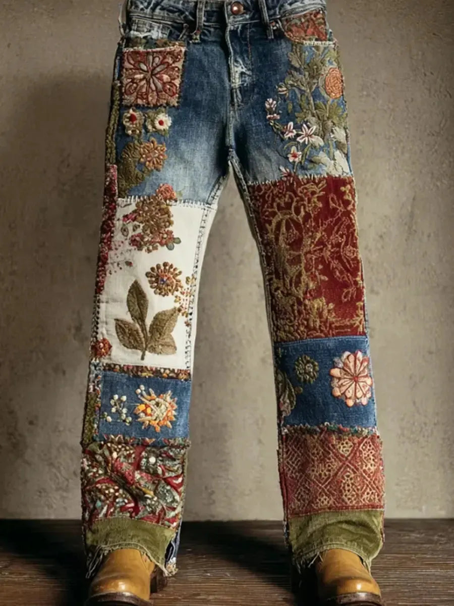 Women's Vintage Floral Pattern Art Print Casual Cotton Denim Jeans