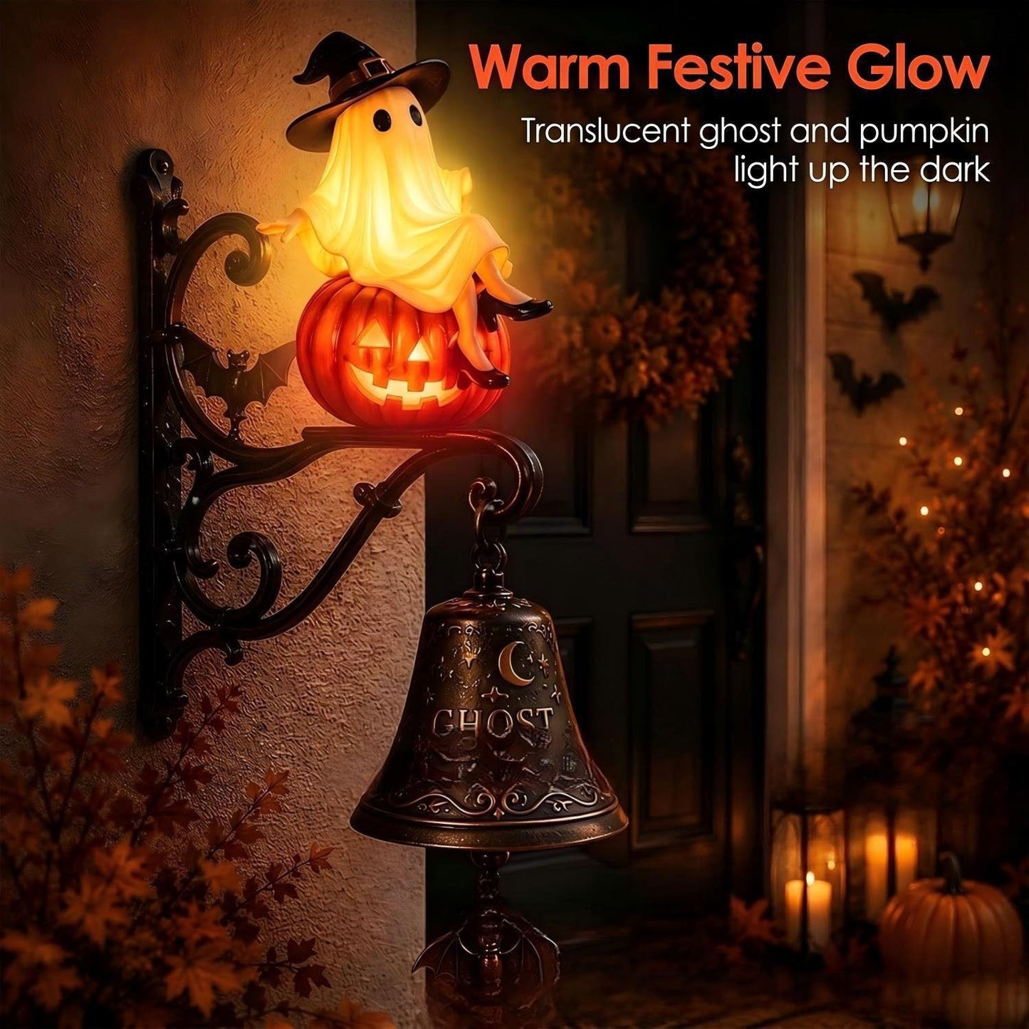 Vintage Ghost Bell Halloween Decor – Daytime Retro Elegance & Night Glowing Magic Ornament