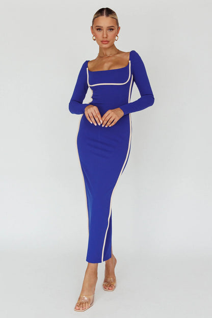 Sunny Coast Long Sleeve Piping Maxi Dress Blue
