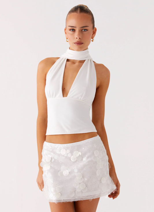 Milos Scarf Halter Neck Top - White