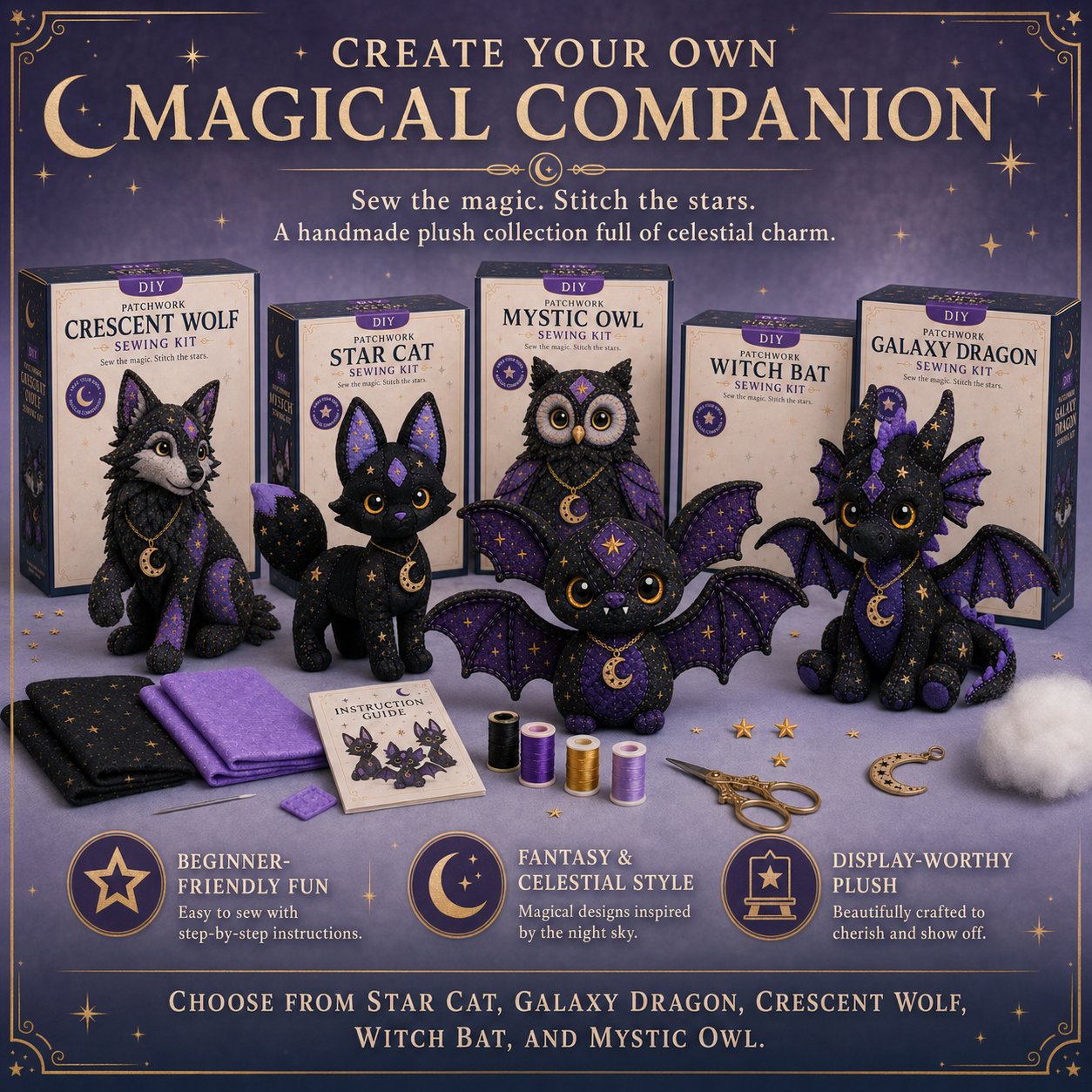 🐱Mystic Patchwork Animal Sewing Kit – DIY Plush Craft Kit with Starry Fabric, Moon Charm