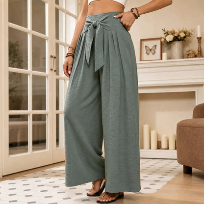 High Waisted Tie Front Wide Leg Pants for Women