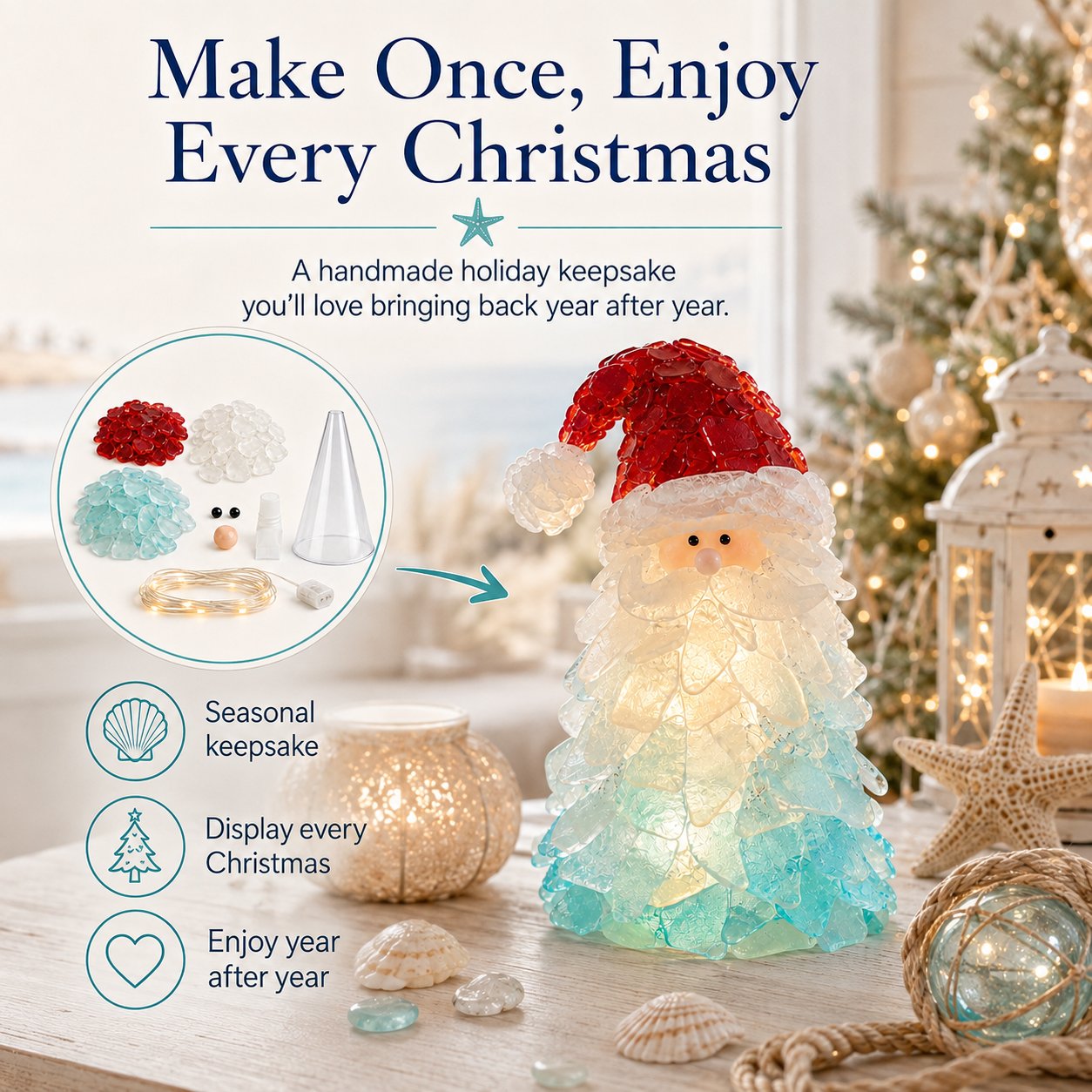 🎅DIY Lighted Sea Glass Santa Christmas Decor Kit | Complete Kit with Sea Glass Pieces, Warm Fairy Lights & Step-by-Step Guide Included 💕