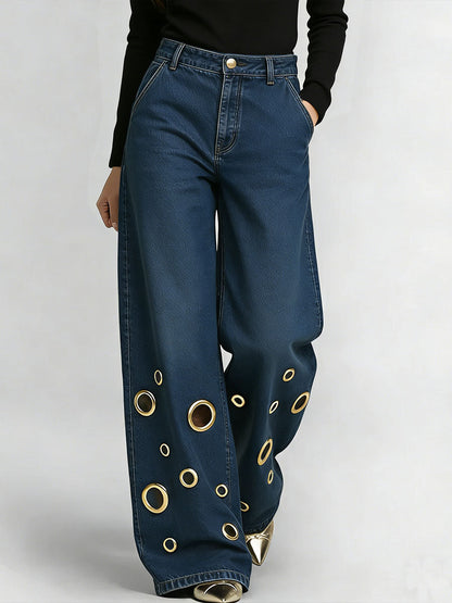 Women's High-waisted Hollow-out Design Casual Loose Wide-leg Jeans