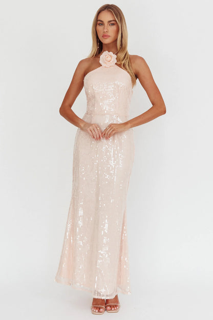 High Roller Flower Decoration Halter Dress Sequin Pink