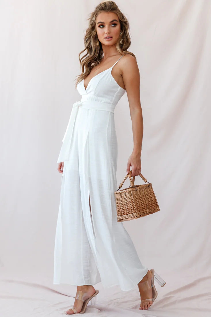 Taylor V-Neck Split Wide Leg Jumpsuit White