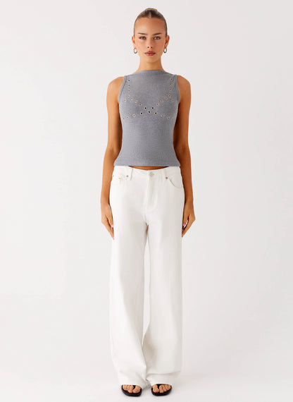 Drop Top Ribbed Eyelet Tank Top - Marle Grey