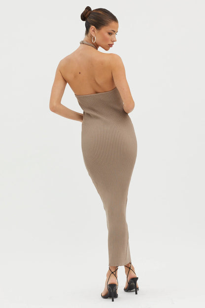 Lovelock Halterneck Ribbed Knit Midi Dress Latte