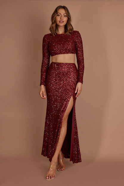 Nights In Monaco Sequin Crop Top Burgundy