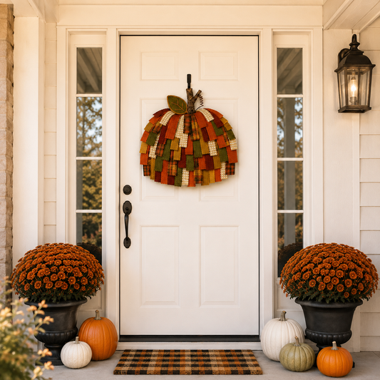 Lighted Patchwork Pumpkin Door Hanger