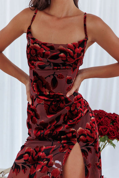 Personal Invitation Split Maxi Dress Floral Red