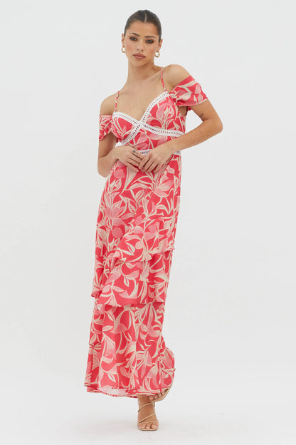 Seina Off-Shoulder Crochet Trim Dress Print Red