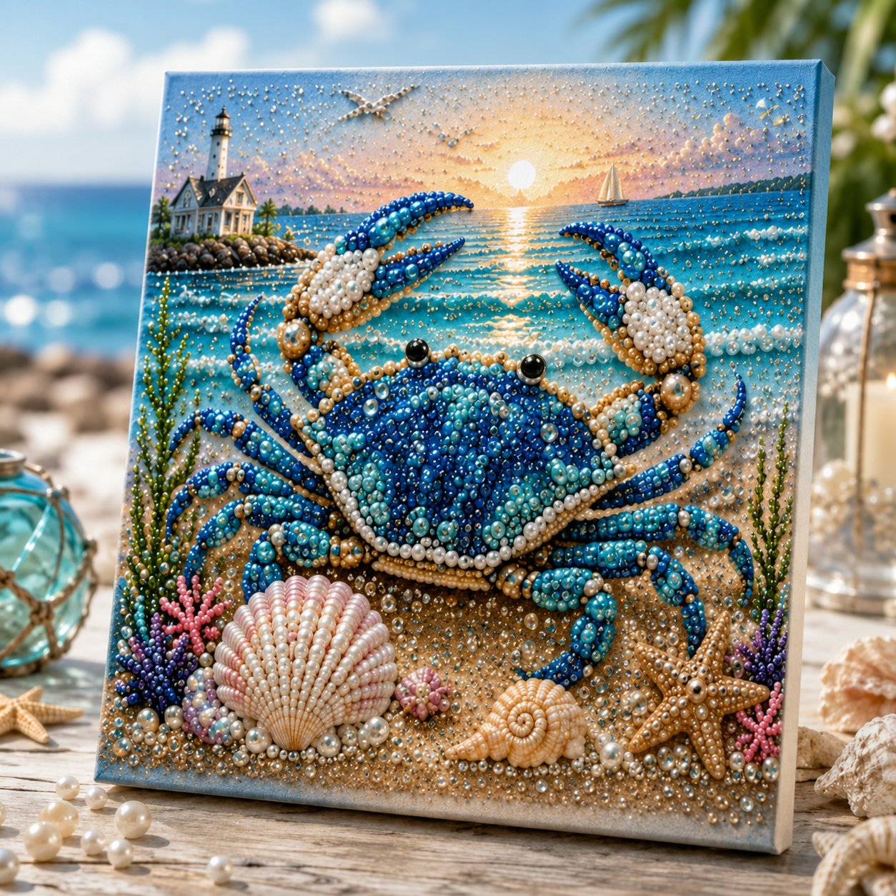 Premium 3D Pearl Ocean Wall Art Kit | Luxury Flocked Canvas with Scratch-Resistant Non-Fading Pearl Beads DIY Coastal Decor – Buy 2 Free Shipping