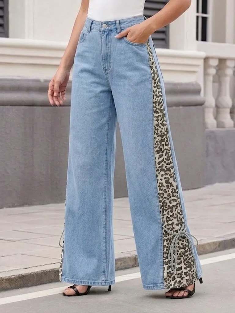 Streetwear Leopard Print Denim Flare Trousers | High Waist Wide Leg Lace Up Jeans
