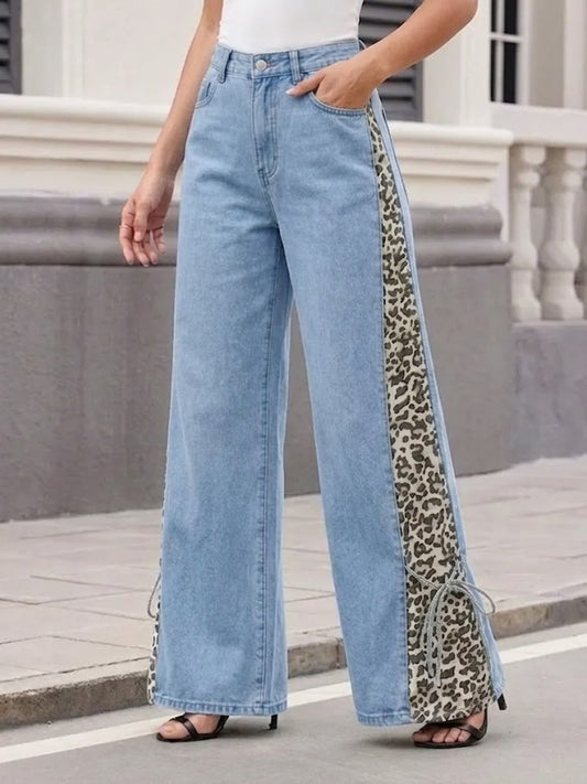 Streetwear Leopard Print Denim Flare Trousers | High Waist Wide Leg Lace Up Jeans