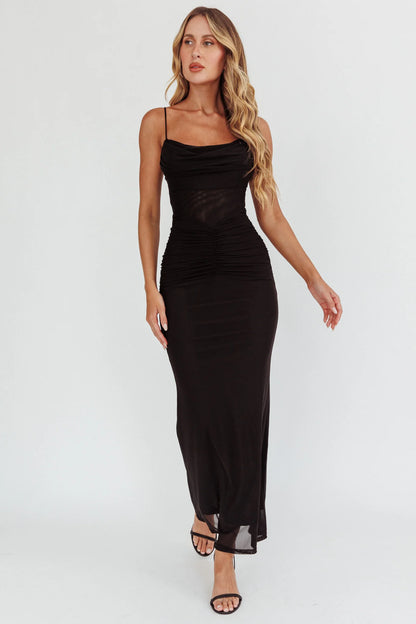 Morella Ruched Waist Mesh Maxi Dress Black