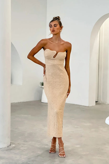 Horizon Strapless Textured Midi Dress Nude