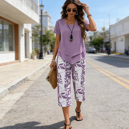 🌸Summer Hot Sale 55% OFF💖Casual Round Neck Layered Tunic Top & Wide Leg Pants Set👚👖