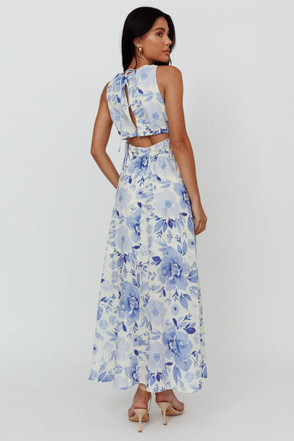 Perla V-Neck Drawstring Maxi Dress Floral Blue