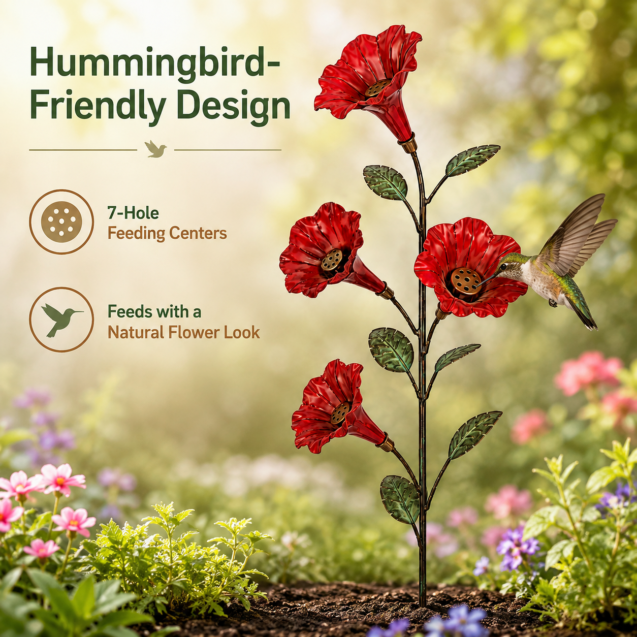 🌸Vintage Red Flower Hummingbird Feeder Garden Stake