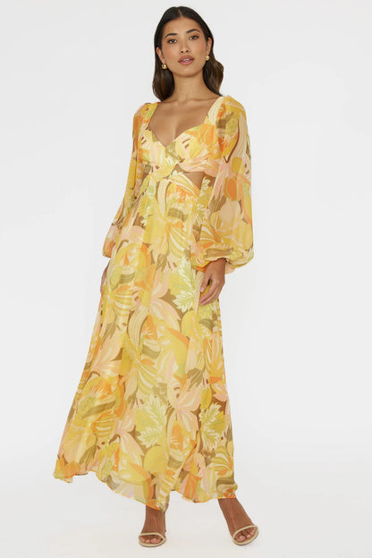 Maura Long Sleeve Lace-Up Back Dress Floral Yellow