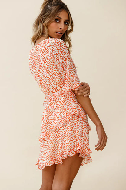 Wife Me Crew Neck Ruffle Insert Dress Polka Dot Orange