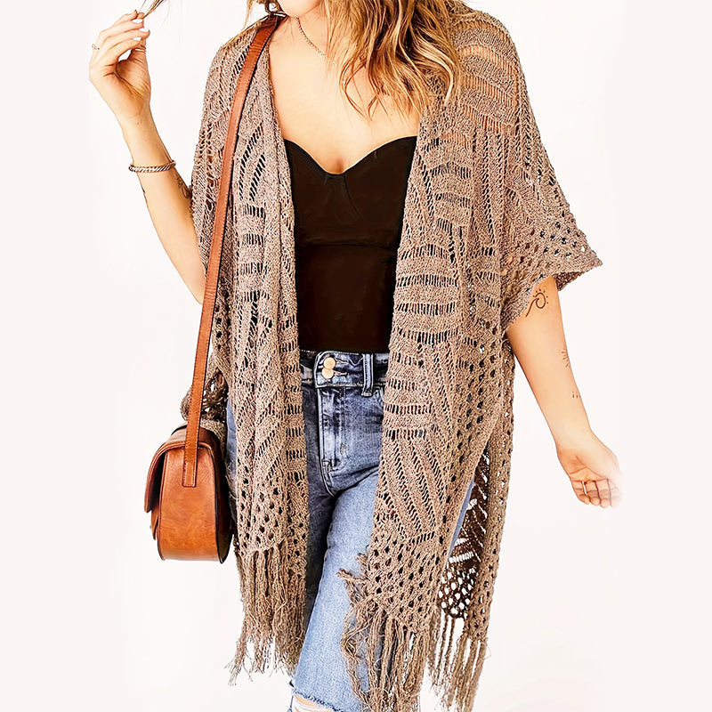 Women's Open-Front Knit Cover-Up with Tassel Fringe – Bohemian & Lightweight – Beach Essential