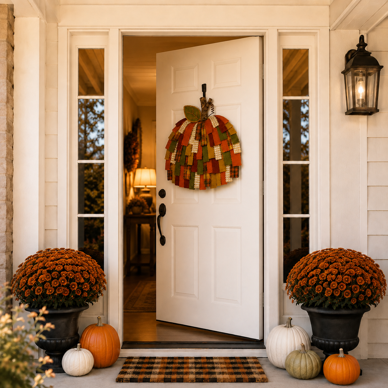 Lighted Patchwork Pumpkin Door Hanger