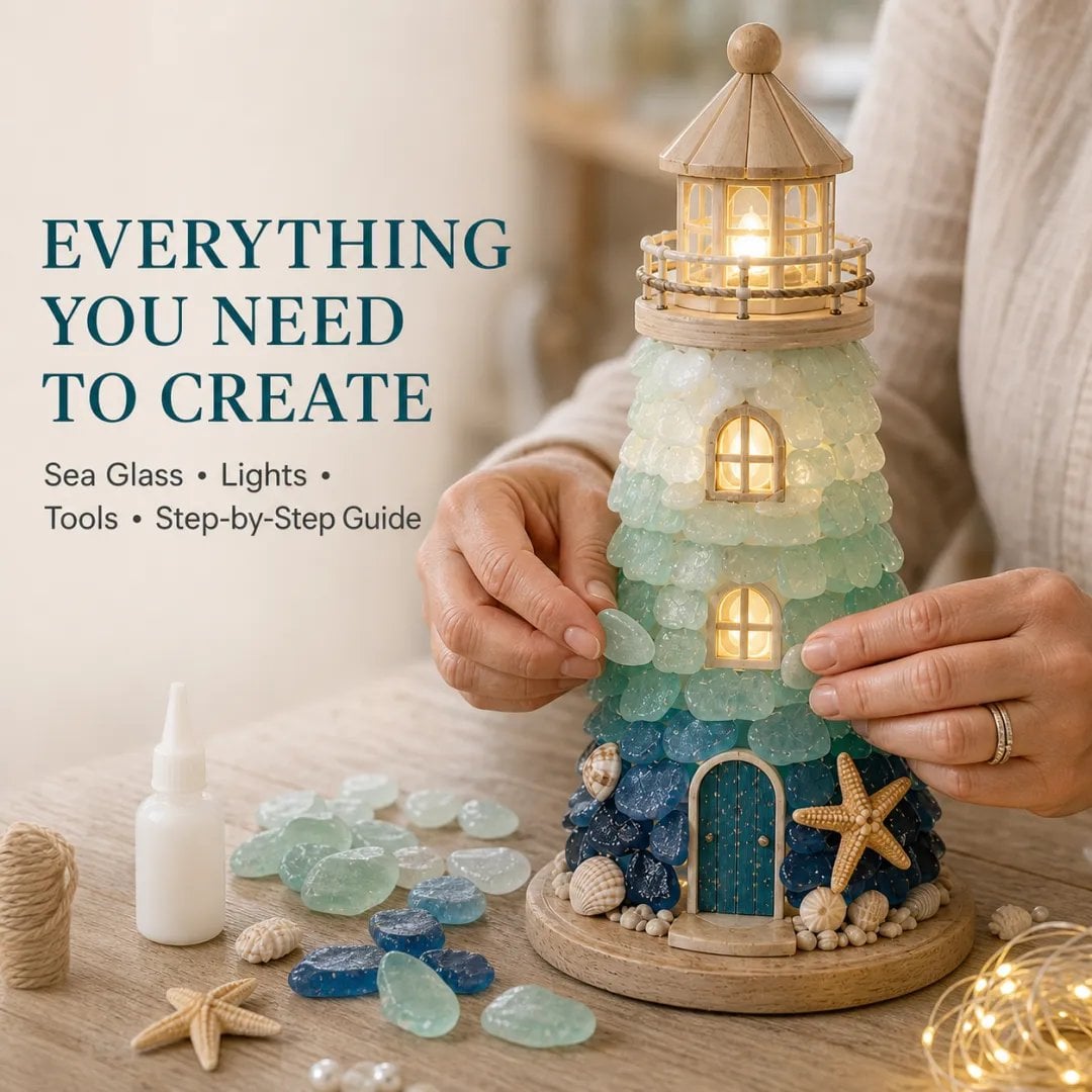 💙 DIY Sea Glass Lighthouse Kit – Light-Up Coastal Craft & Handmade Home Decor