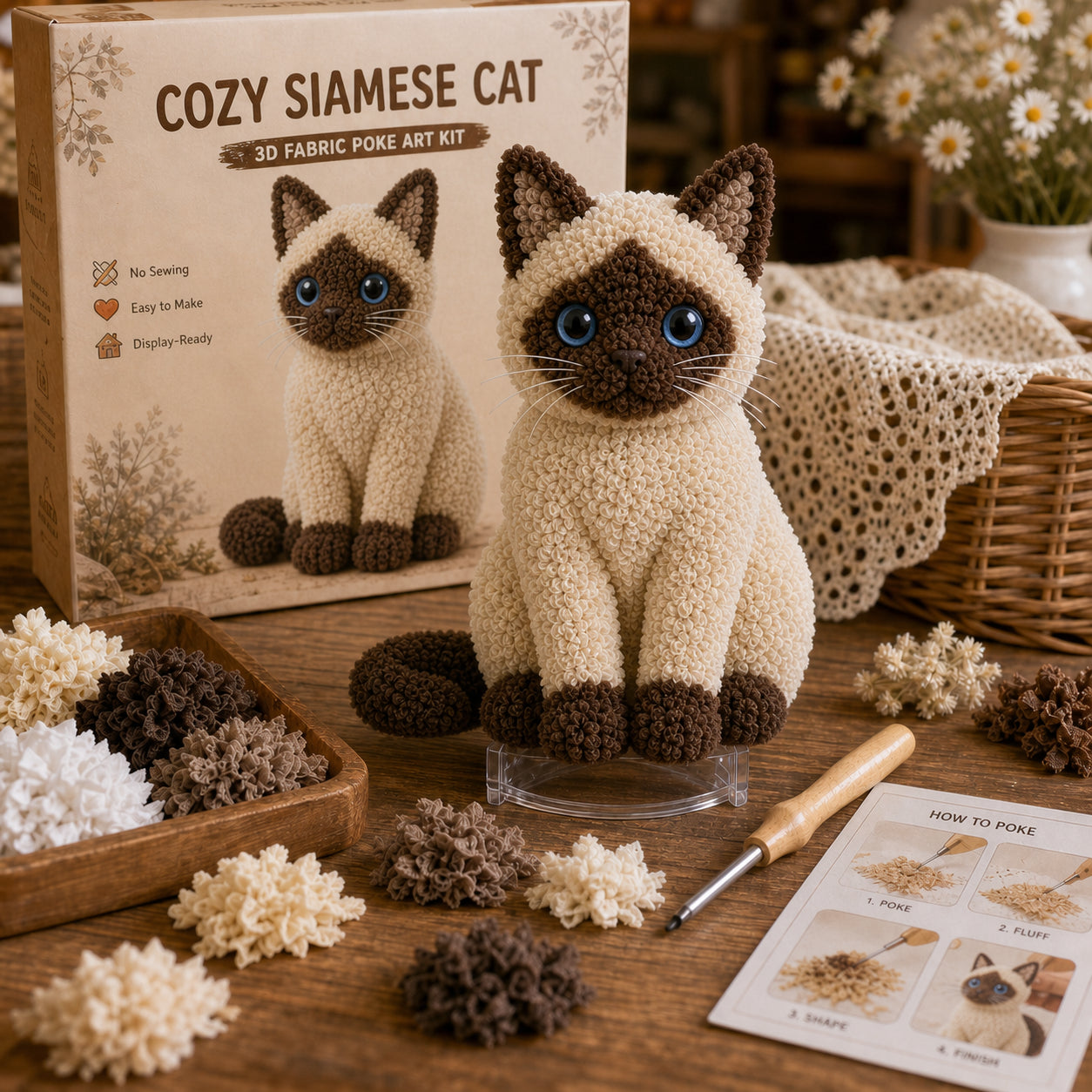 Cozy Cat Fabric Poke Art Kit – No-Sew DIY Textured Cat Craft
