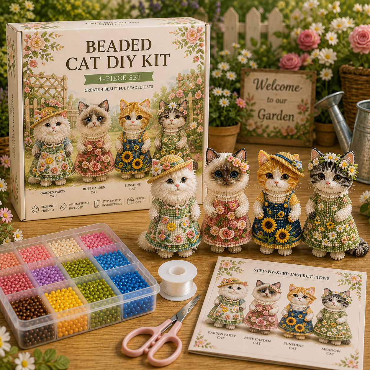 Beaded Cat DIY Kit – 4-Piece Handmade Floral Cat Collection for Adults